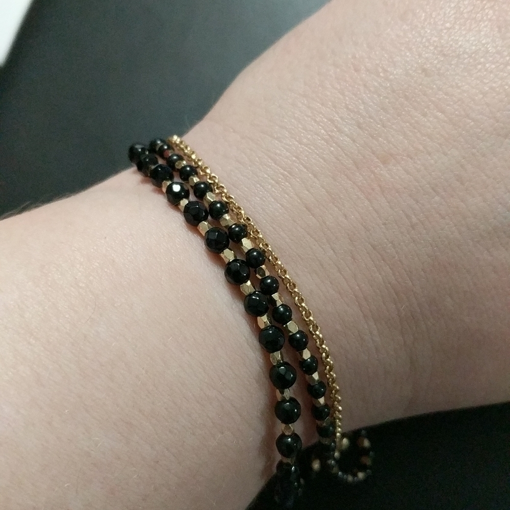 𝅺LA CN Gold Tone and Black Beaded and Chain Multi Strand Statement Bracelet